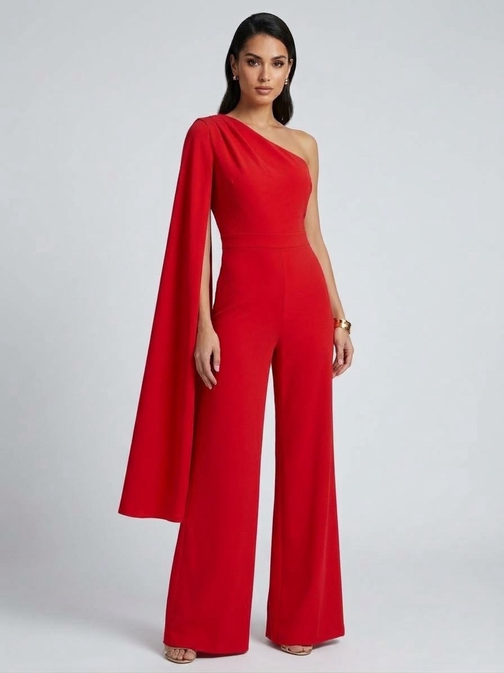 Alexia Admor One-Shoulder Red Cape Wide-Leg Jumpsuit